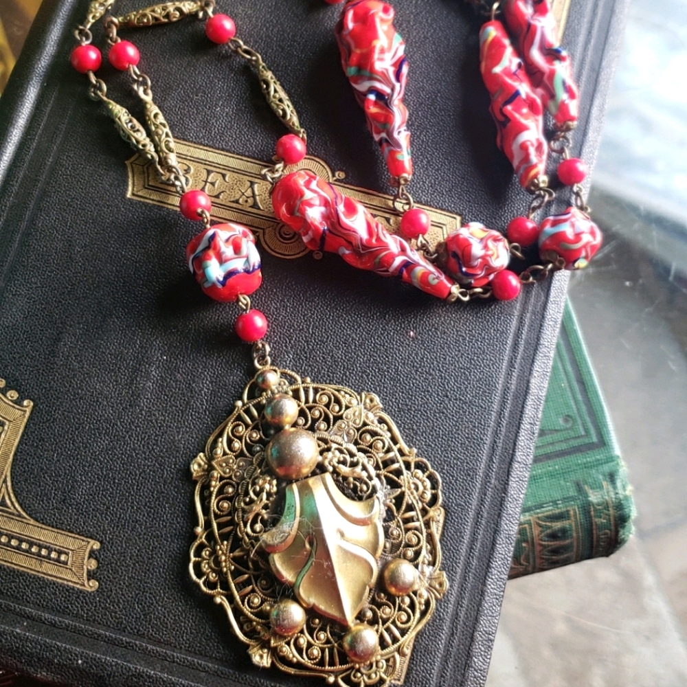 True Art Deco Art Glass And Brass Necklace